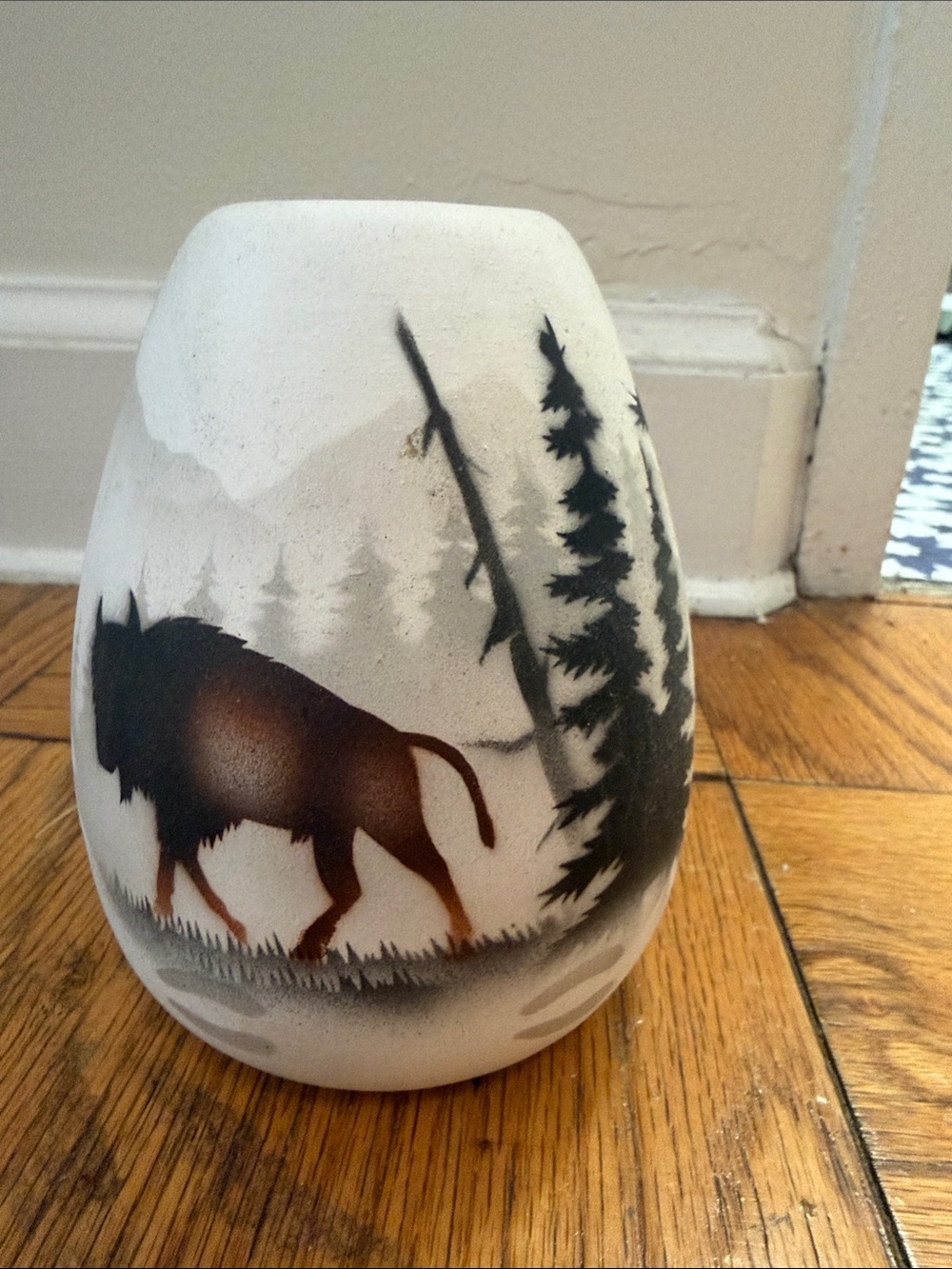 Hand-Painted Wildlife Ceramic Vase - Brown and Black Forest Design